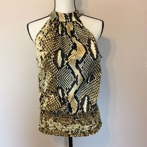 {Cache} Black and Gold Animal Print Blouse sz S